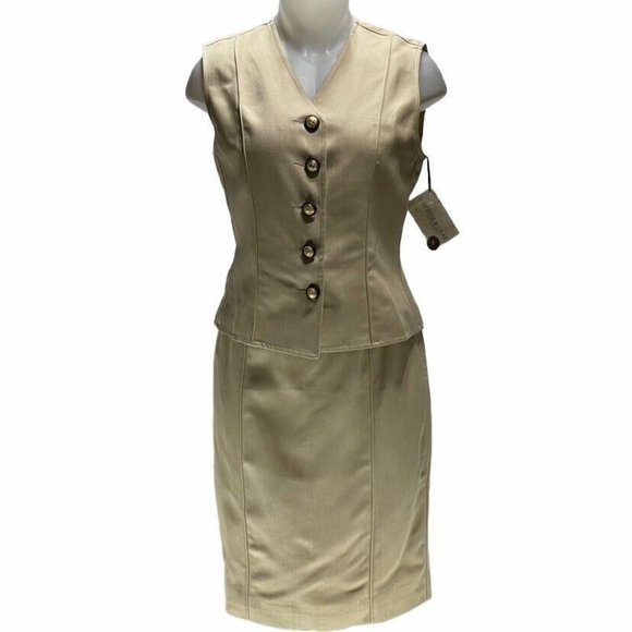 GRIFFITH & GRAY For St John Women's Vest Skirt Outfit Silk Beige Size 6 Vintage